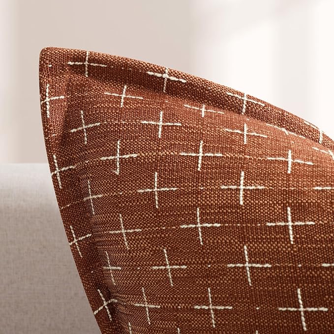 ZWJD Fall Pillow Covers 16x16 Set of 2 Soft Polyester Textured Rust Pillow Covers with Stylish Flange Edge Cozy Farmhouse Throw Pillows for Couch Bed Sofa Living Room Fall Decor