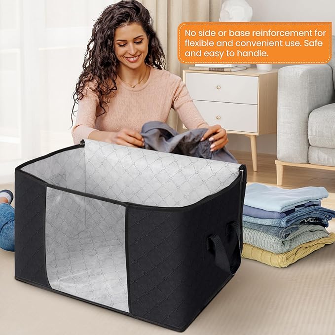 Fab totes 90L Clothes Storage, Foldable Thick Fabric Blanket Storage Bags, Containers for Organizing Bedroom, Closet, Clothing, Comforter, Organization with Handle (6 Pack,Black)