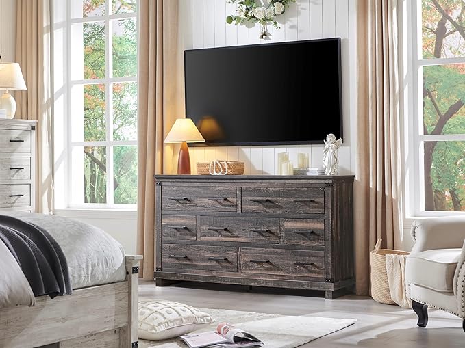 RedLemon Farmhouse 7 Drawer Dresser for Bedroom - Wood Large Dressers & Chests of Drawers for Closet, 54 Inch Long Dresser with Storage for Bedroom, Living Room, Dark Rustic Oak