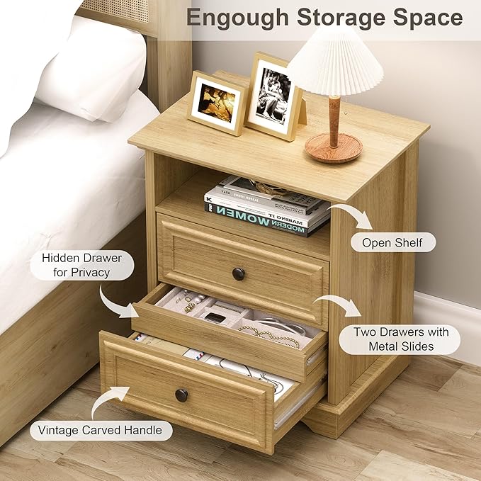 XIAO WEI Nightstand with Hidden Drawer, 2-Drawer Nightstand with Open Shelf – Sturdy Wood Bedroom End Table for Storage, Modern Furniture for Bedroom Organization, Natural Wood