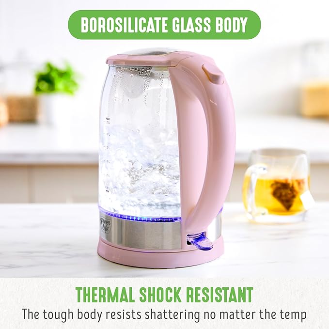 GreenLife 1.7 Liter Glass Electric Kettle, Easy One Touch Use, Quick Heating, Filtered Spout, LED Base, Auto Shut-Off, Cordless Serving, Coffee and Tea, Pink