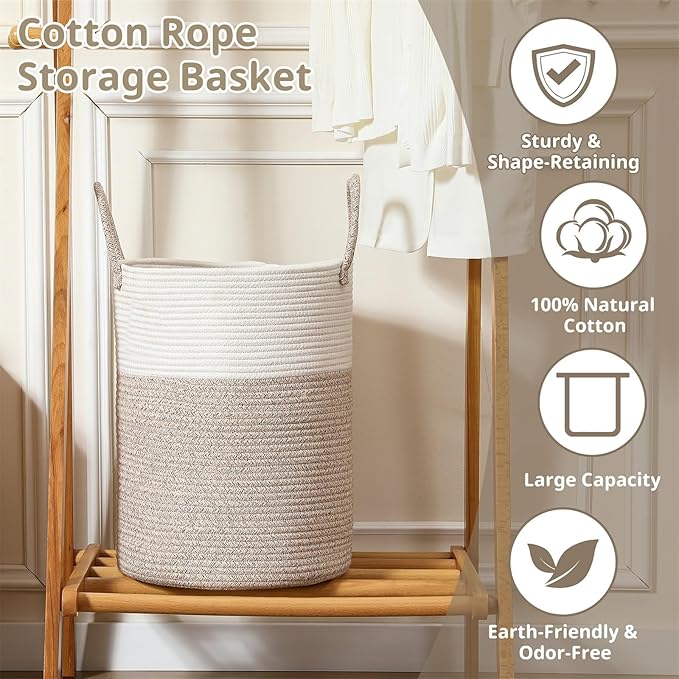 80L Large Woven Laundry Basket Hamper, 100% Natural Cotton Rope, Handwoven & Durable, Storage for Blankets, Toys, Clothes, Nursery Hamper for Living Room, Baby Room, Bedroom (Brown and White)