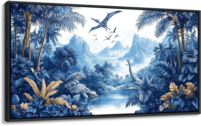 HKDGOKA Landscape Framed Wall Art - Vintage Dinosaur Era Forest Wall Pictures Black and White Canvas Paintings Artwork Ready to Hang Bedroom Living Room Kitchen Home Decor 20x40 IN