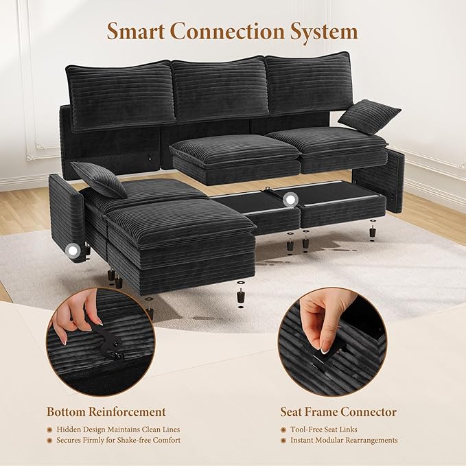 Vesgantti 101" V-Shaped Corner Couch Sectional, 7 Seat Customizable Modular Cloud Couches with Movable Ottoman, Corduroy Deep Seat Sofa Set with Chaise for Living Room, Bedroom and Apartment, Gray