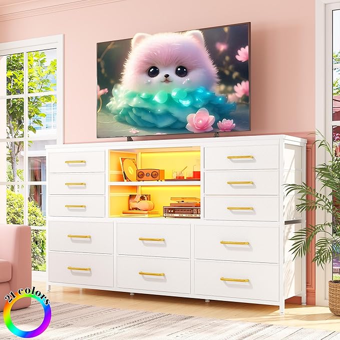 EnHomee White Dresser for Bedroom with 12 Drawers, Fabric Bedroom Dresser with LED Lights & Power Outlets Long Dressers & Chest of Drawers, Sturdy Metal Frame for Closet, Living Room, Hallway
