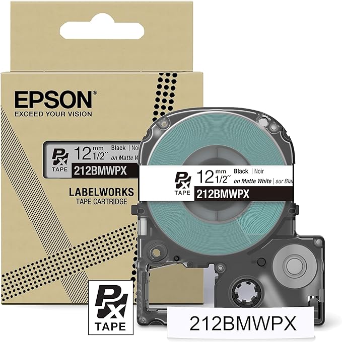 Epson LABELWORKS 212BMWPX Genuine PET (Polyester) Tape Cartridge - Black on Matte White Designer Craft Label Maker Tape - 1/2" (12MM) Wide, 26'