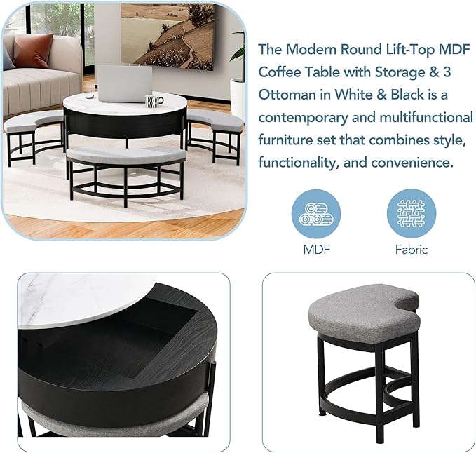 WILLIAMSPACE 31.5" Lift Top Coffee Table Set with Storage & 3 Upholstered Nesting Ottoman, Modern Round Marble Coffee Table Accent Center Table for Living Room, Apartment, White & Black