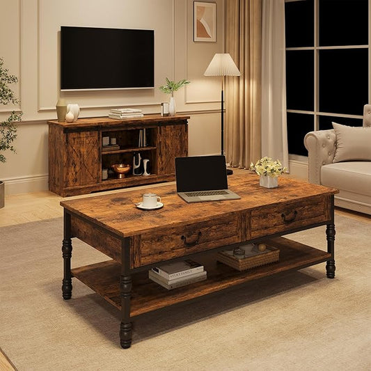 41" Rustic Coffee Table with 2 Storage Drawers, Rectangular Coffee Tables w/Storage Shelf and Metal Legs, Industrial Large Coffee Table for Living Room Office Apartment