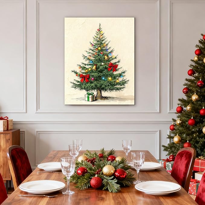 Framed Christmas Pictures Wall Decor,Vintage Pine Tree Prints,Winter Christmas Canvas Wall Art Decoration for Bedroom Bathroom Living Room Rustic Xmas Holiday Gifts (Christmas Tree 9, 24'' X 36'')
