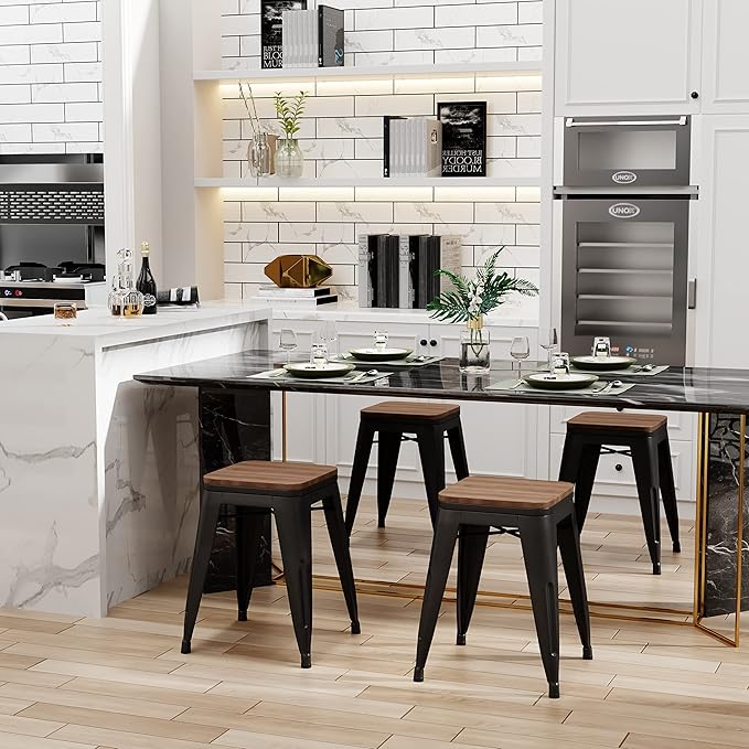 Andeworld 18 Inch Stools Set of 4,Industrial Metal Dining Chair with Wooden Seat,Short Kitchen Bar Stools Stackable Stools for School,Classroom, Matte Black