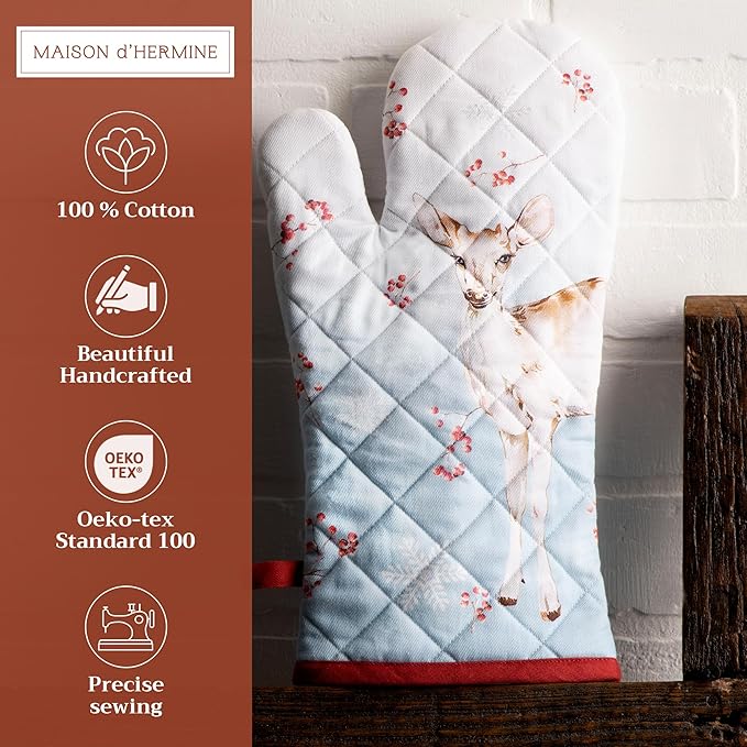 Maison d' Hermine Oven Gloves 100% Cotton Oven Mitt 7" x 13" with Loop Heat Resistant BBQ Cooking Gloves for Thanksgiving Christmas Decorations Baking Handling Hot Pans (Pack of 1, Fairy Tale Forest)