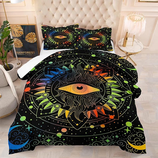 Tailor Shop Celestial Bedding Set Full Size,Sun and Moon Bedding Set for Boys Girls Kids Teens, Gothic Comforter Set Witchy Comforter Boho Exotic Black Bed with 2 Pillowcases
