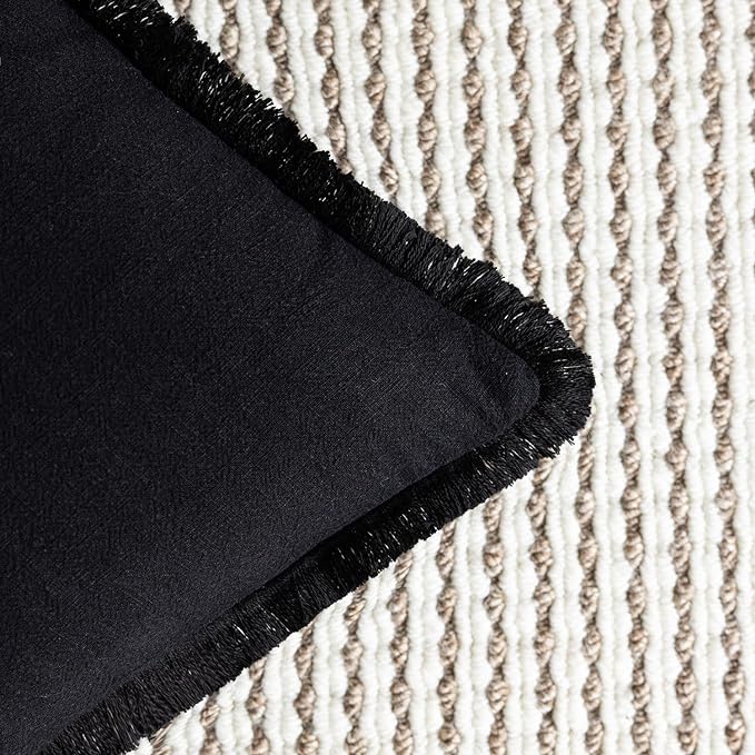 Foindtower Set of 2 Decorative Linen Fringe Lumbar Throw Pillow Covers Boho Farmhouse Cushion Cover with Tassels Soft Accent Pillowcase for Couch Sofa Bed Living Room Home Decor,12×20 Inch,Black