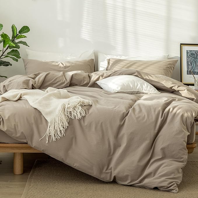 MooMee Bedding Duvet Cover Set 100% Washed Cotton Linen Like Textured Breathable Durable Soft Comfy (Solid Light Camel, Palatial King/Oversized King 120"x98")