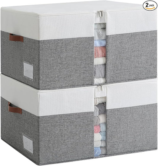 Reinforced LARGE Blanket Storage Baskets with Lids, 2 Packs Stackable Comforter Storage Bag with Clear Window & Handles, Clothes Organizer for Closet,King/Queen Comforters Quilt Duvet