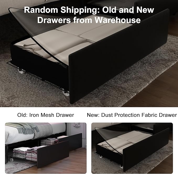 King LED Bed Frame with 4 Drawers, Bed Frame with Led Lights Adjustable Upholstered Headboard Platform Bed with Wooden Slats Support, No Box Spring Needed, PU Black