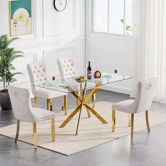 Goujxcy 5 Piece Glass Dining Table Set Modern Glass Dining Table Set for 4, 51" Rectangular Kitchen Table and 4 Velvet Upholstered Chairs for Kitchen Dining Room, Gold Table & Beige Chair