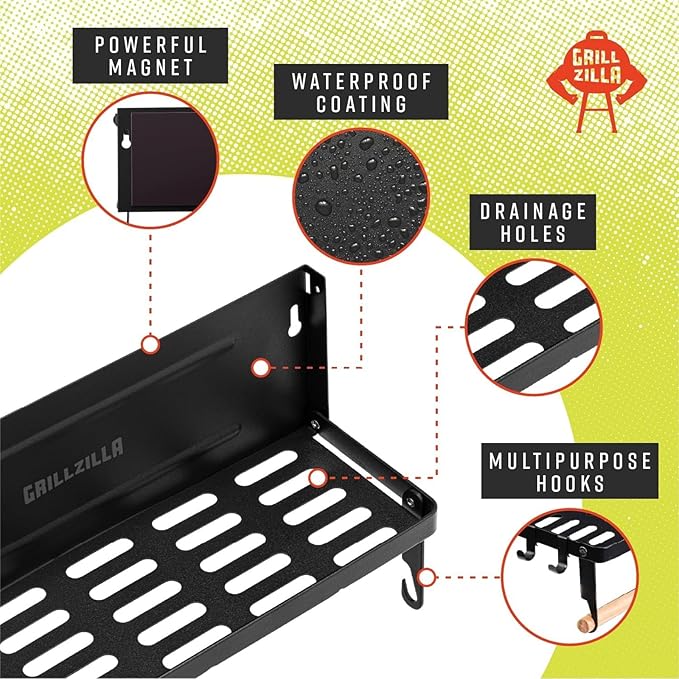 Grill Accessories Magnetic Grill Caddy & Organizer - Black Portable Powder-Coated Iron - BBQ Shelf & Tool Holder with Heavy Duty Magnets for Refrigerator & Oven - Foldable Design