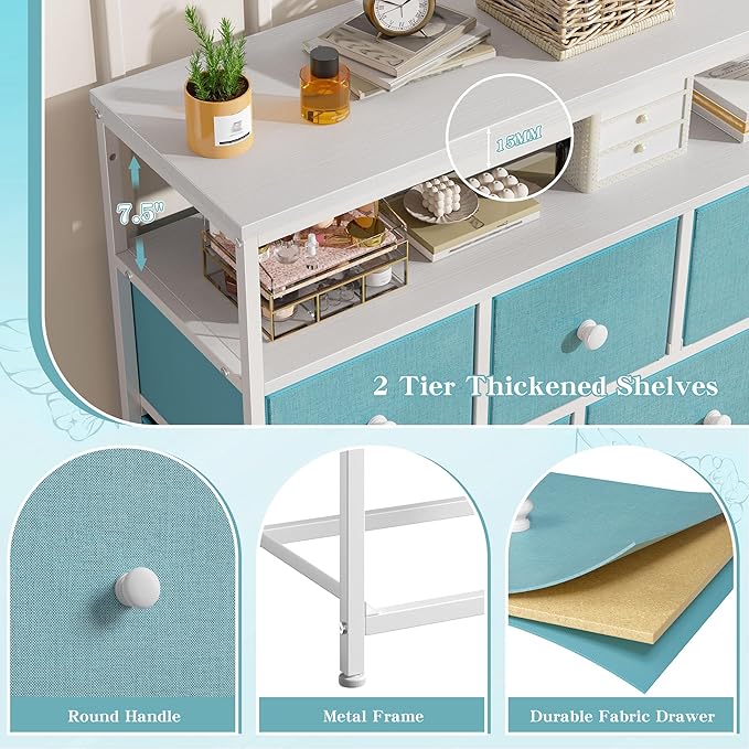 EnHomee Dresser for Bedroom with 7 Drawers and 2 Shelves，Tv Stand for Bedroom，Green Small Dresser for Closet，Hallway，Entryway，Dormitory，Clothing Storage