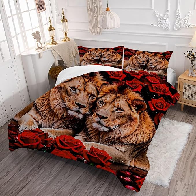 Lion Rose Duvet Cover Sets King Size, 3D Wildlife Red Rose Print Bedding Set Theme Design Animal Print Bedding Set for Kids Youth Adults, Modern Brown Lion Quilt Cover Decor Room