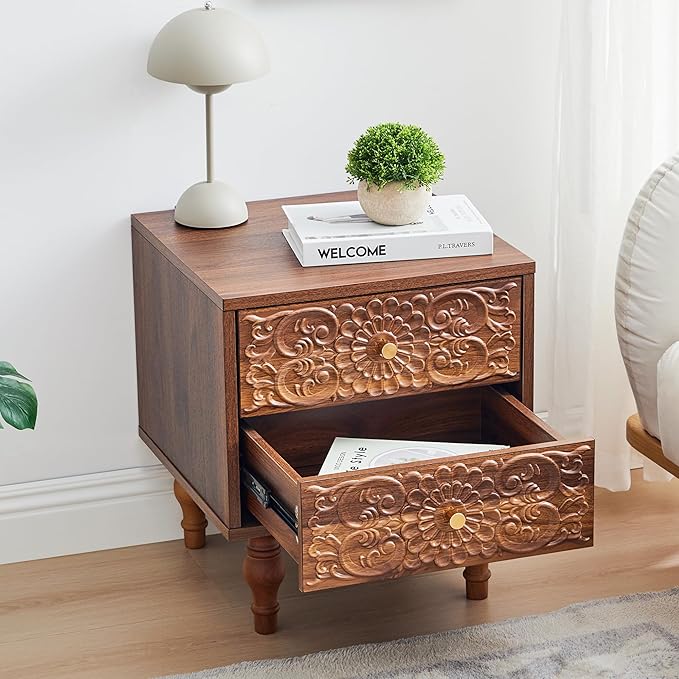 Nightstand, Farmhouse Bedside Table with 2 Drawers and Metal Handles, Wood Sofa Side Table End Table Accent Dresser for Bedroom, Living Room (Walnut-2 Packs)