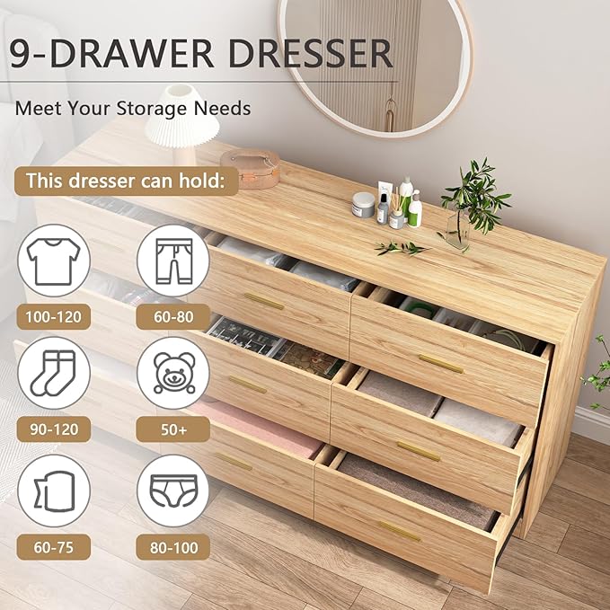 9 Drawer Dresser for Bedroom,63'' Long Dresser with Deep Drawer,Modern Wood Chest of Drawer, Bedroom Storage Furniture,TV Stand for Living Room