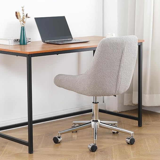Furnimart 360° Swivel Rolling Desk Chair, Height Adjustable Vanity Chair with Silver Legs, Cute Task Chair with Wheels for Dorm Bedroom Studying Small Places (Teddy Gray)
