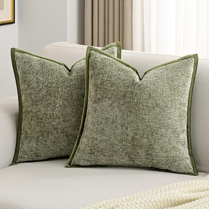 FUTEI Sage Green Chenille Throw Pillow Covers 18x18 Inch Set of 2,Soft Cozy Bound Edge Design Cushion Case,Home Decor for Couch Bed Living Room