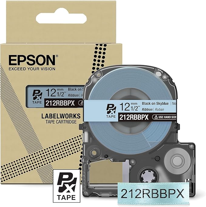 Epson LABELWORKS 212RBBPX Genuine PET (Polyester) Tape Cartridge - Black on Blue Ribbon Designer Craft Label Maker Tape - 1/2" (12MM) Wide, 16'