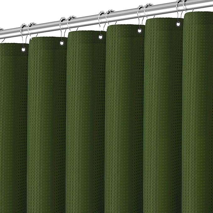 60 inch Waffle Shower Curtain - Heavy Duty Thick Fabric Green Shower Curtains for Bathroom, Weighted Hotel Spa Luxury Water Repellent Cloth Bath Curtain with 10 Hooks, 60Wx72H