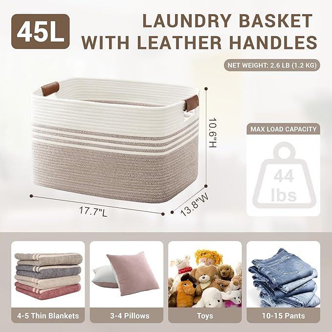 Laundry basket with leather handles for clothes,blankets,pillows,toys,towels,suitable for bedrooms and living rooms,cotton woven laundry hamper,extra large gift basket,18"x14"x11",Brown