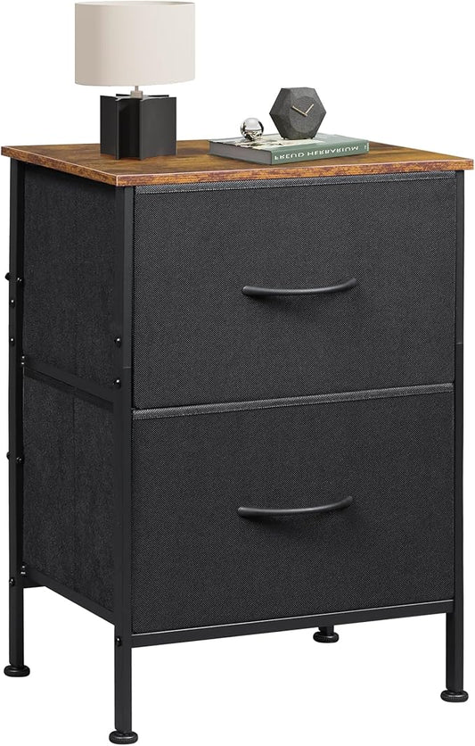 WLIVE Nightstand, Nightstand with 2 Drawers, Bedside Furniture, Night Stand, Small Dresser for Bedroom, College Dorm, End Table with Fabric Bins, Dormitory, Black and Rustic Brown, Size L