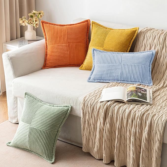 MIULEE Decorative Throw Pillow Covers for Couch Bed Livingroom 20x20 Inch Set of 2 Baby Blue Boho Accent Throw Pllows Broadside Striped Patchwork Soft Corduroy Pillowcases