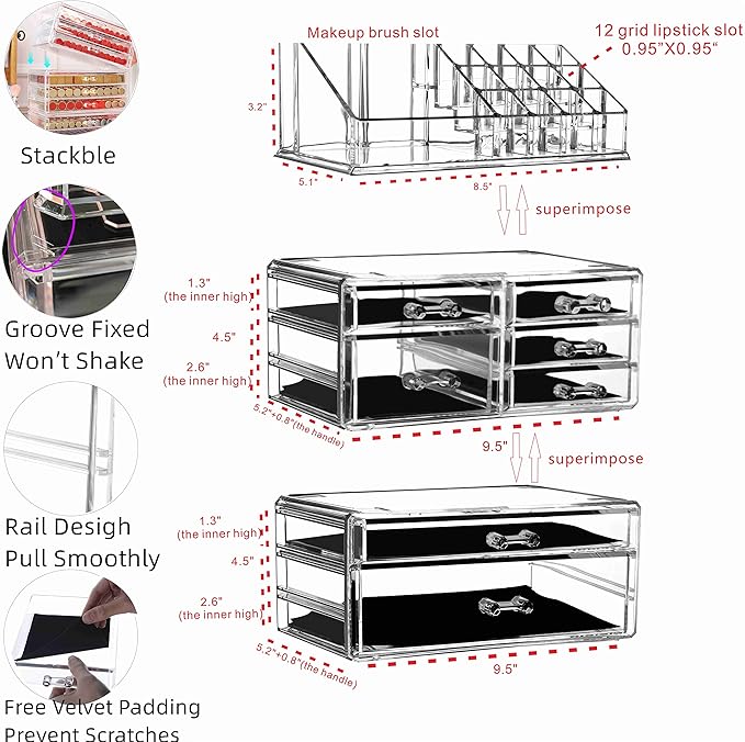 Cq acrylic 3 Pack Clear Skincare Organizer for Vanity, Stackable 7 Drawers Make Up Organizer,Cute Cosmetic Organizer for Vanity Jewelry,Hair Clip,Beauty,Skincare Product Dresser Acrylic Desk Organizer