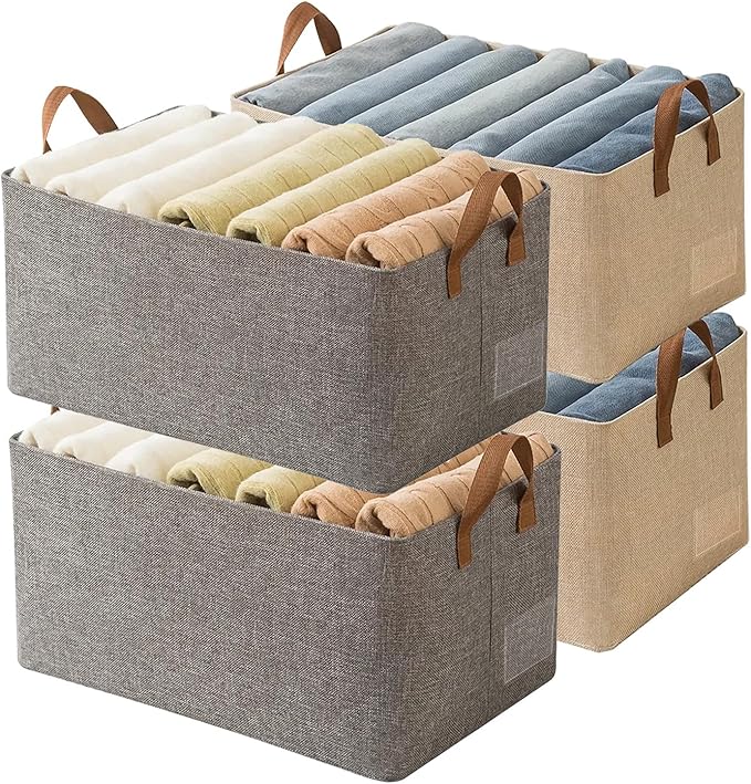 AARAINBOW 4 Pcs Closet Clothes Organizer with Handle, Closet Shelf Fabric Storage Box Steel Frame, Stackable Shelf Storage Baskets Foldable Wardrobe Storage Box for Clothes Toys, 23L (2 Gray 2 Beige)