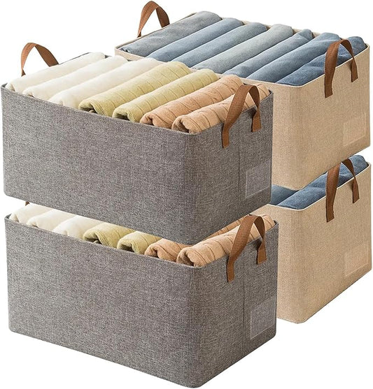 AARAINBOW 4 Pcs Closet Clothes Organizer with Handle, Closet Shelf Fabric Storage Box Steel Frame, Stackable Shelf Storage Baskets Foldable Wardrobe Storage Box for Clothes Toys, 23L (2 Gray 2 Beige)