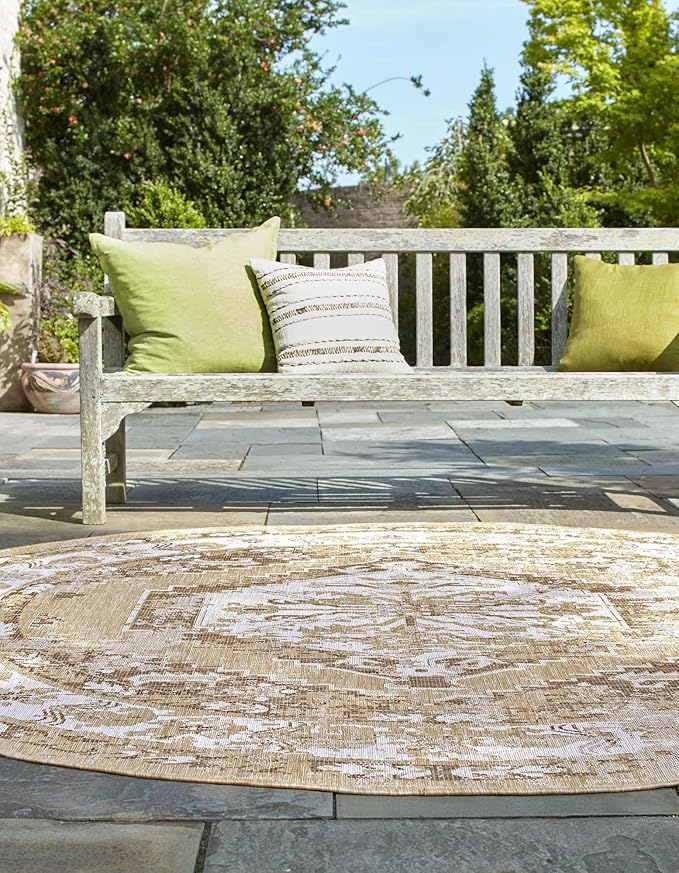 Unique Loom Outdoor Traditional Collection Area Rug - Valeria (4' 1" Round, Natural/ Ivory)