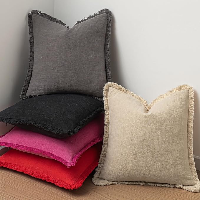 MIULEE Decorative Throw Pillow Covers Neutral Linen Fringe Throw Pillows Set of 2 Hot Pink Boho Farmhouse Cushion Covers with Tassels for Couch Sofa Bed Living Room Spring Home Decor 18x18 Inch