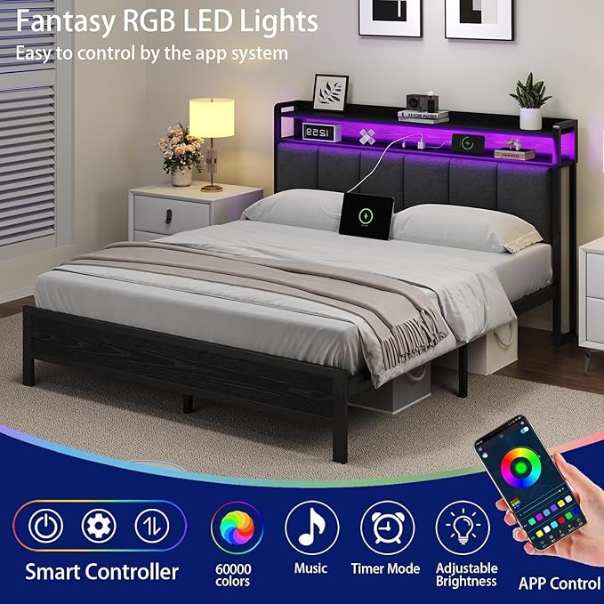 Full Size Bed Frame with LED Lights and Charging Station, Metal Platform Bed Frame Full with Upholstered Storage Headboard, Heavy Duty Metal Slats, No Box Spring Needed, Easy Assembly, Dark Grey