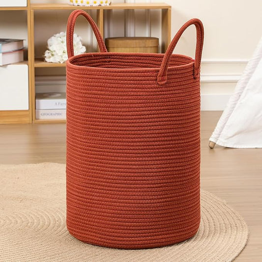 80L Large Woven Laundry Basket Hamper, 100% Natural Cotton Rope, Handwoven & Durable, Storage for Blankets, Toys, Clothes, Decorative Nursery Hamper for Living Room, Baby Room, Bedroom (Terracotta)