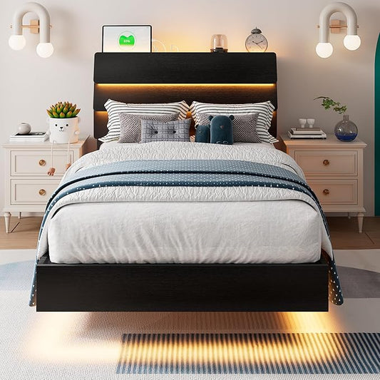 Floating Bed Frame Twin Size with Led Headboard and Charging Station, Metal Platform Bed Base with Storage, Remote Control, Heavy Slats Support, No Box Spring Needed, Noise Free, Black
