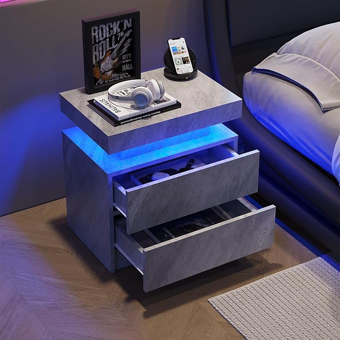 LED End Table Set of 2 Modern Bedside Table with Storage End Tables Bedroom with 2 Drawers for Bedroom Living Room All Grey