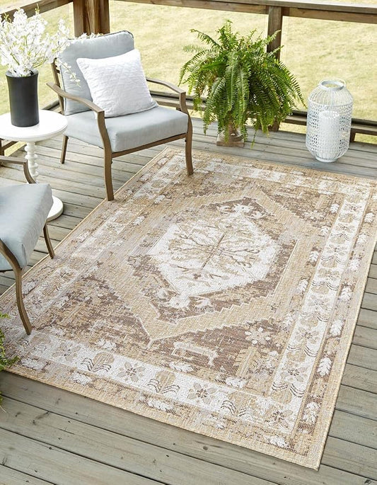 Unique Loom Outdoor Traditional Collection Area Rug - Valeria (10' x 14' 1" Rectangle, Natural/ Ivory)