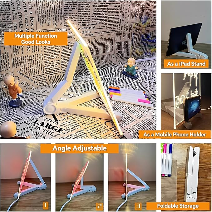 Led Drawing Board, Acrylic Dry Erase Board with Bracket, 15.7" X 11.8" Glow Writing Board, Led Note Board Comes with 7 Drawing Pens and 5 Cartoon Doodle Paper for Office School Home