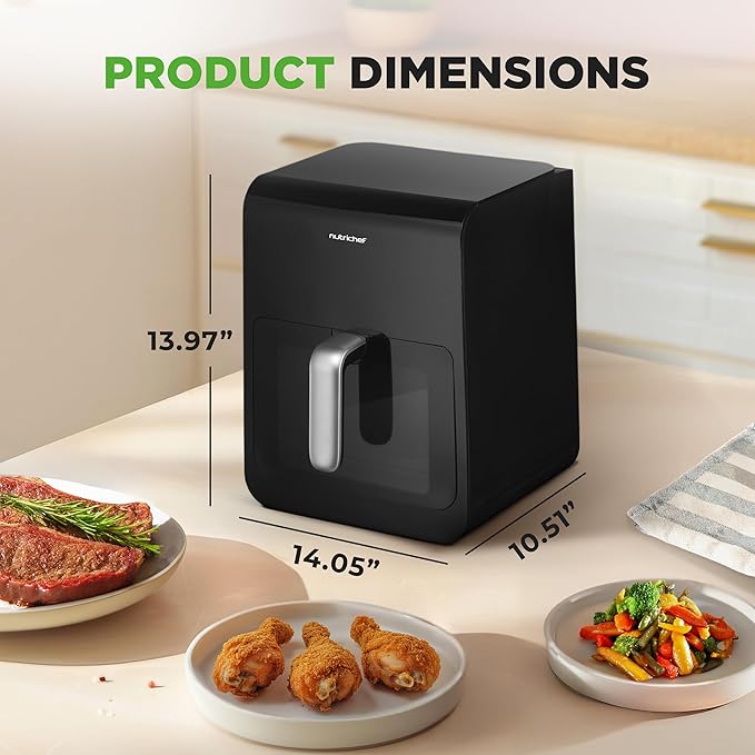 Nutrichef Electric Air Fryer Tenderizer 6.3 Quart | 12-1 Preset Cooking Functions | Includes Tenderizing Function | Digital Display | Transparent Window For Best Cooking Results | Black