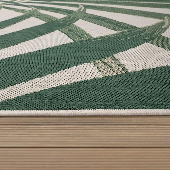 Tropical Outdoor Rug Palm Tree & Jungle Design Flatweave in Green Beige, Size: 5'3" x 7'7"
