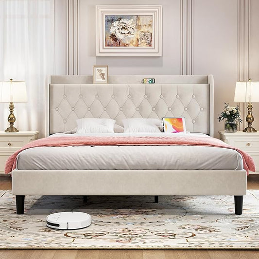 koorlian King Bed Frame, Velvet Adjustable Upholstered Platform Bed Frame with Type-C&USB Ports, Wingback Storage Headboard, Noiseless, Beige