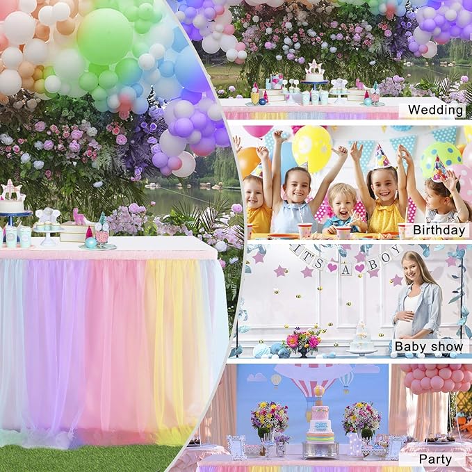 Suppromo Rainbow Table Skirt for Baby Shower Girl Birthday Party 9ft Tulle Tutu Table Skirt Decorations for Gender Reveal Unicorn Theme Party Decorations(L9(ft) H 30in, Rainbow)