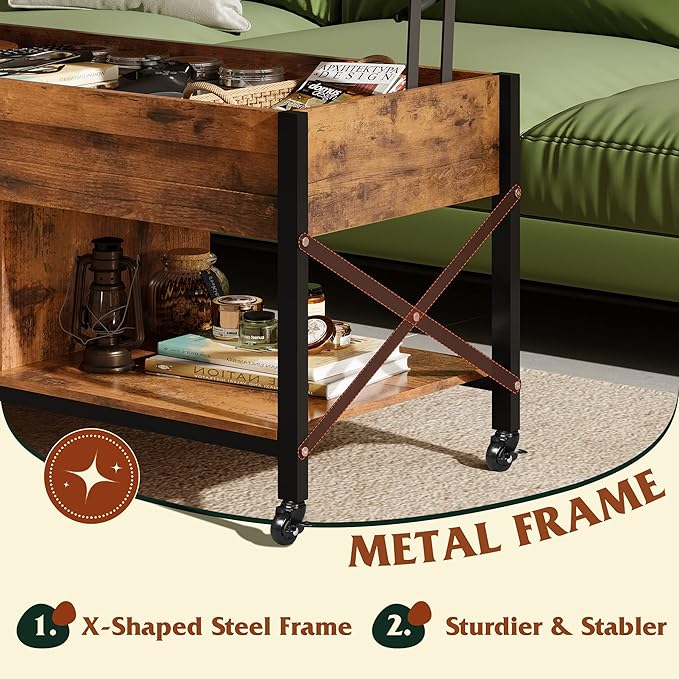 WLIVE Coffee Table, 41.3" Lift Top Coffee Table with 4 Wheels, Hidden Compartment, Storage Shelf and Lift Tabletop for Living Room, Reception Room, Rustic Brown