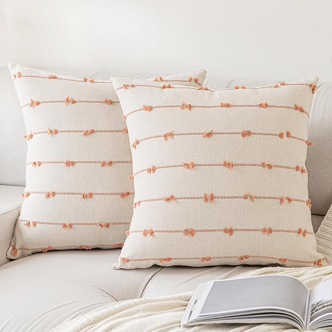 Boho Throw Pillow Covers 26x26 Set of 2 Modern Farmhouse Decorative Cushion Case Tufted Square Pillows Cover Neutral Pillow Cases Accent Pillowcase for Sofa,Couch,Bed,Beige and Pink